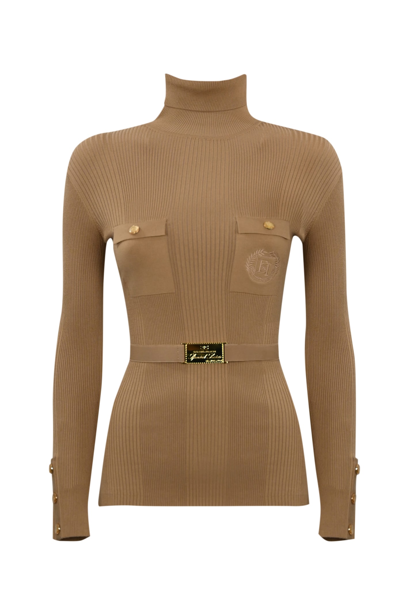Viscose And Silk Knit Turtleneck With Belt And Logo Embroidery