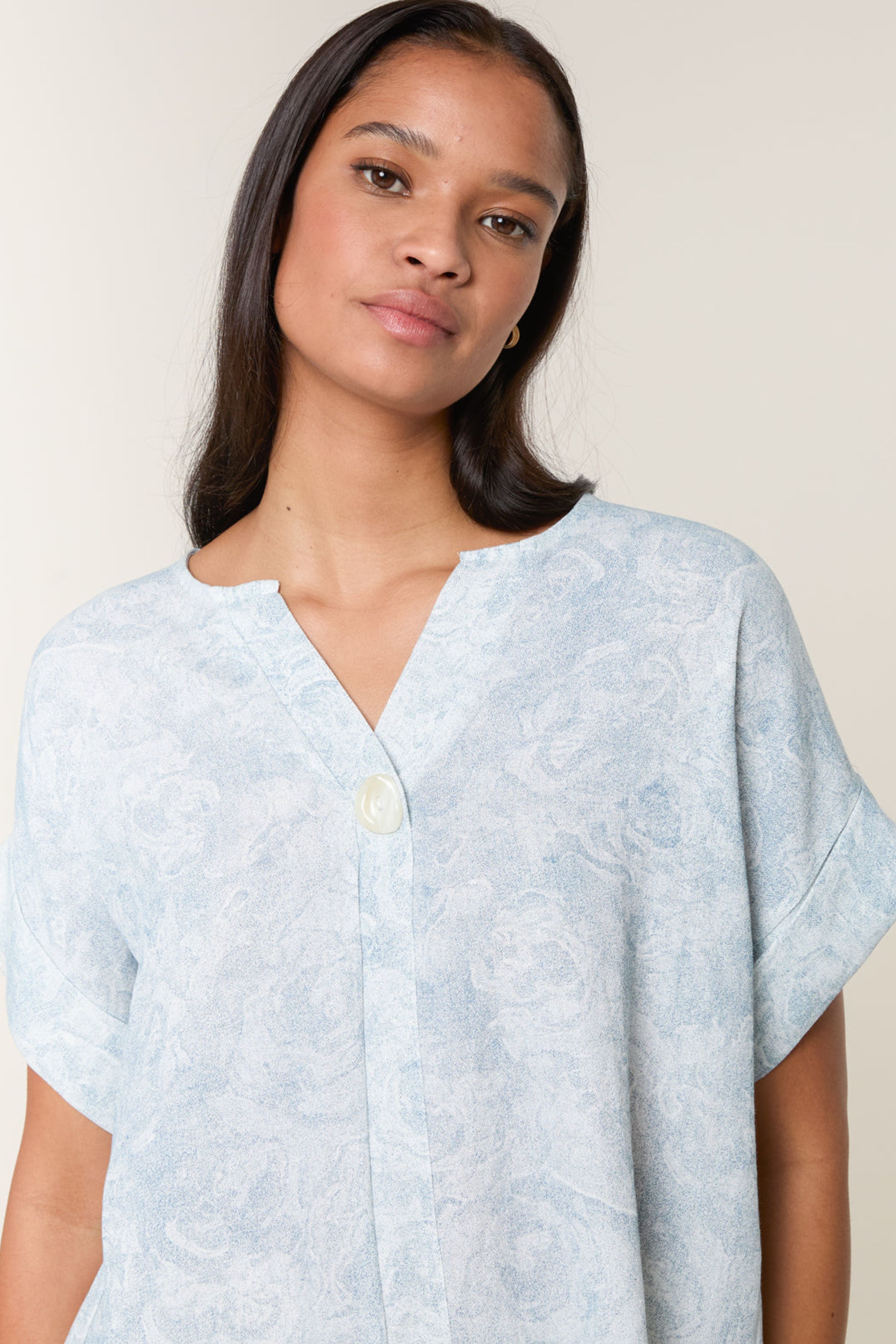 Blue Printed V Neck Button Top