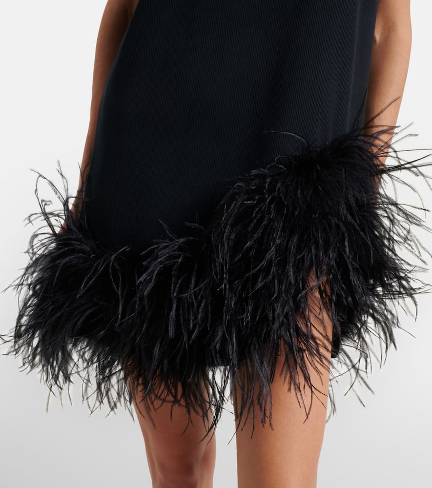Ribbed-knit feather-trimmed cotton minidress
