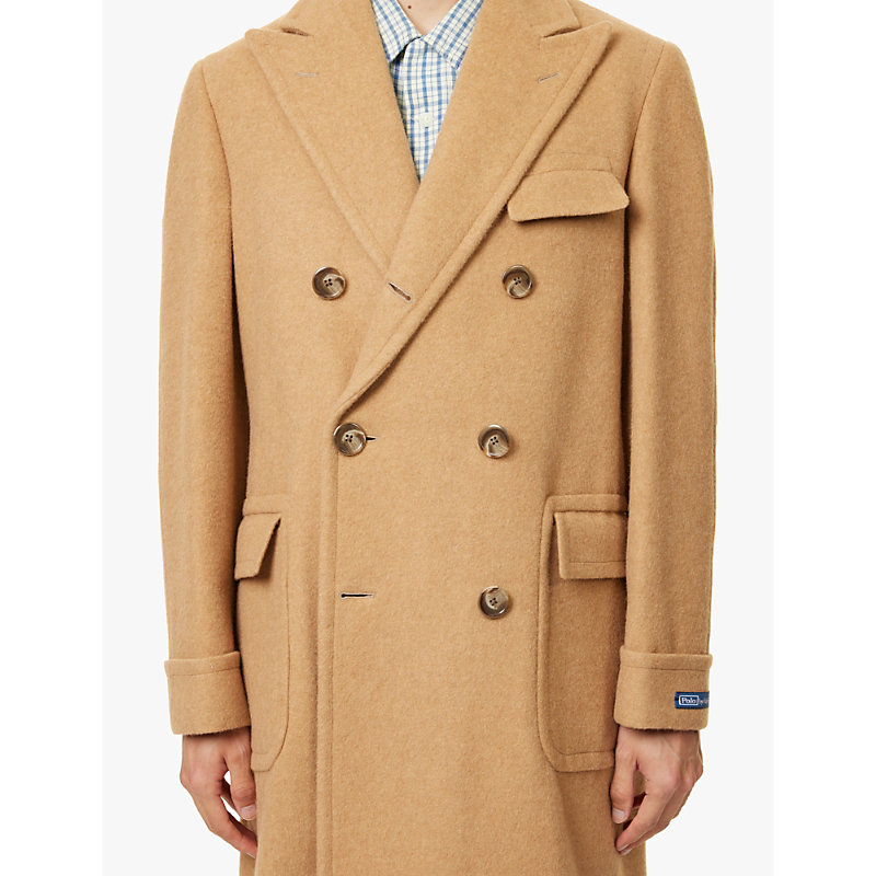 Mens Camel Double-breasted Brushed-texture Wool Coat 42r