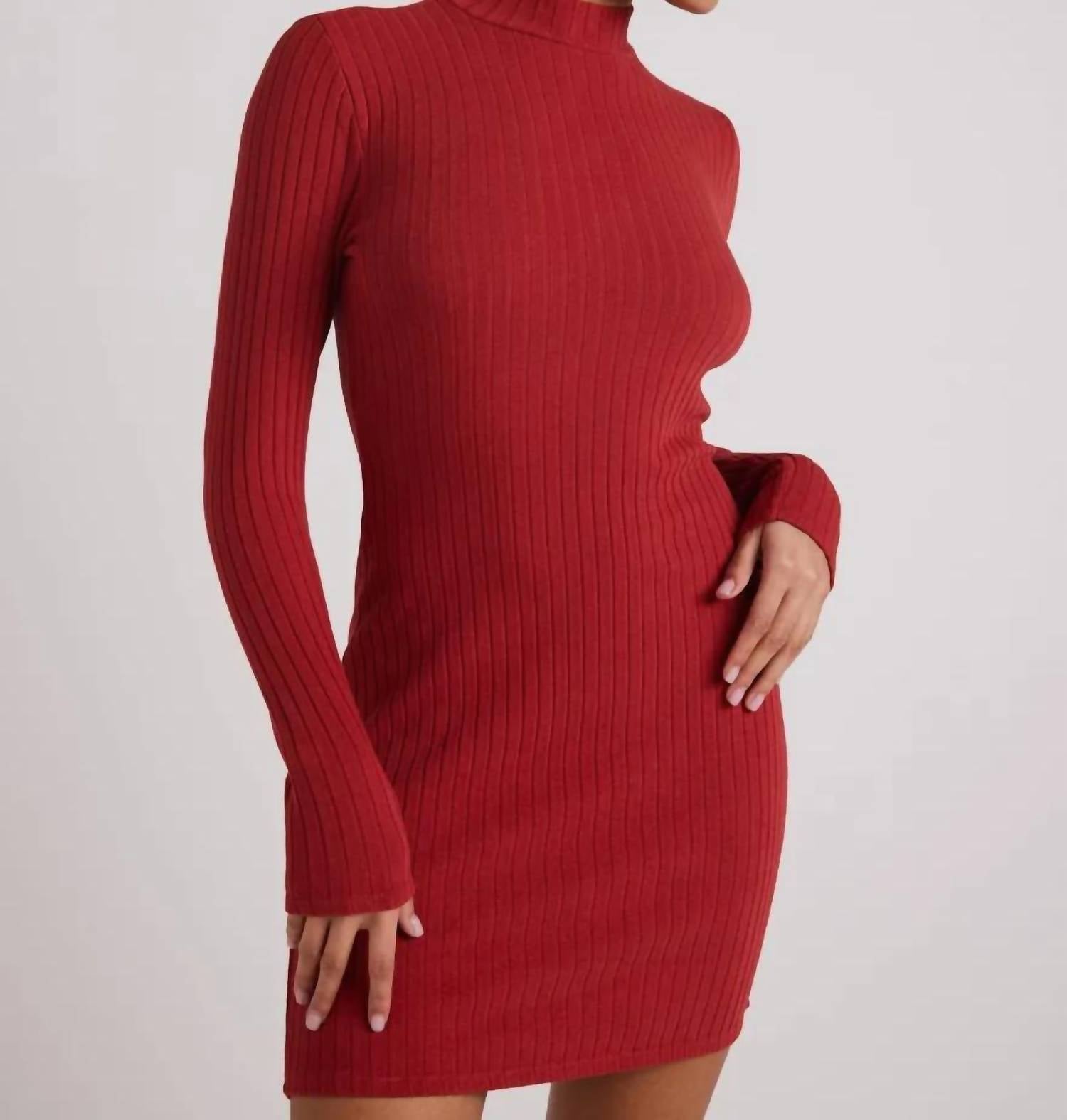 Mini Mock Neck Rib Dress In Red Mahogany