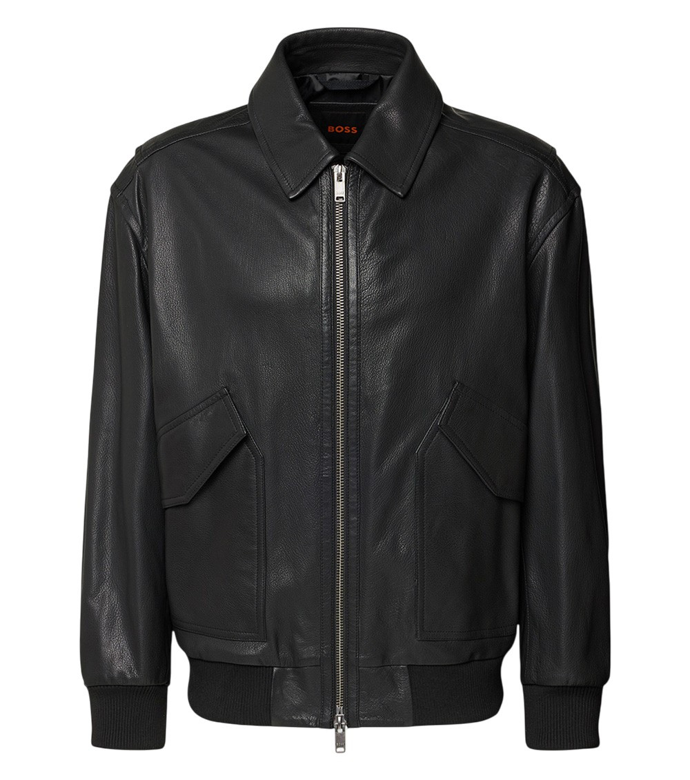 Boss - straight coat collared neck front pockets ribbed