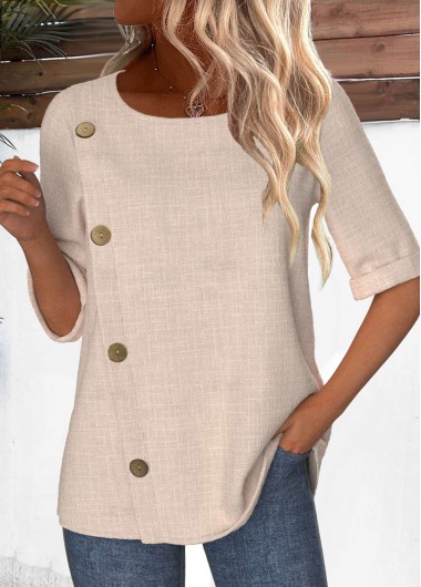 Modlily Light Camel Button Half Sleeve Round Neck Blouse