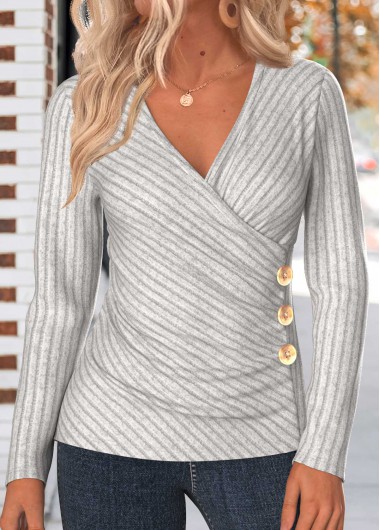 Modlily Light Grey Button Long Sleeve V Neck T Shirt