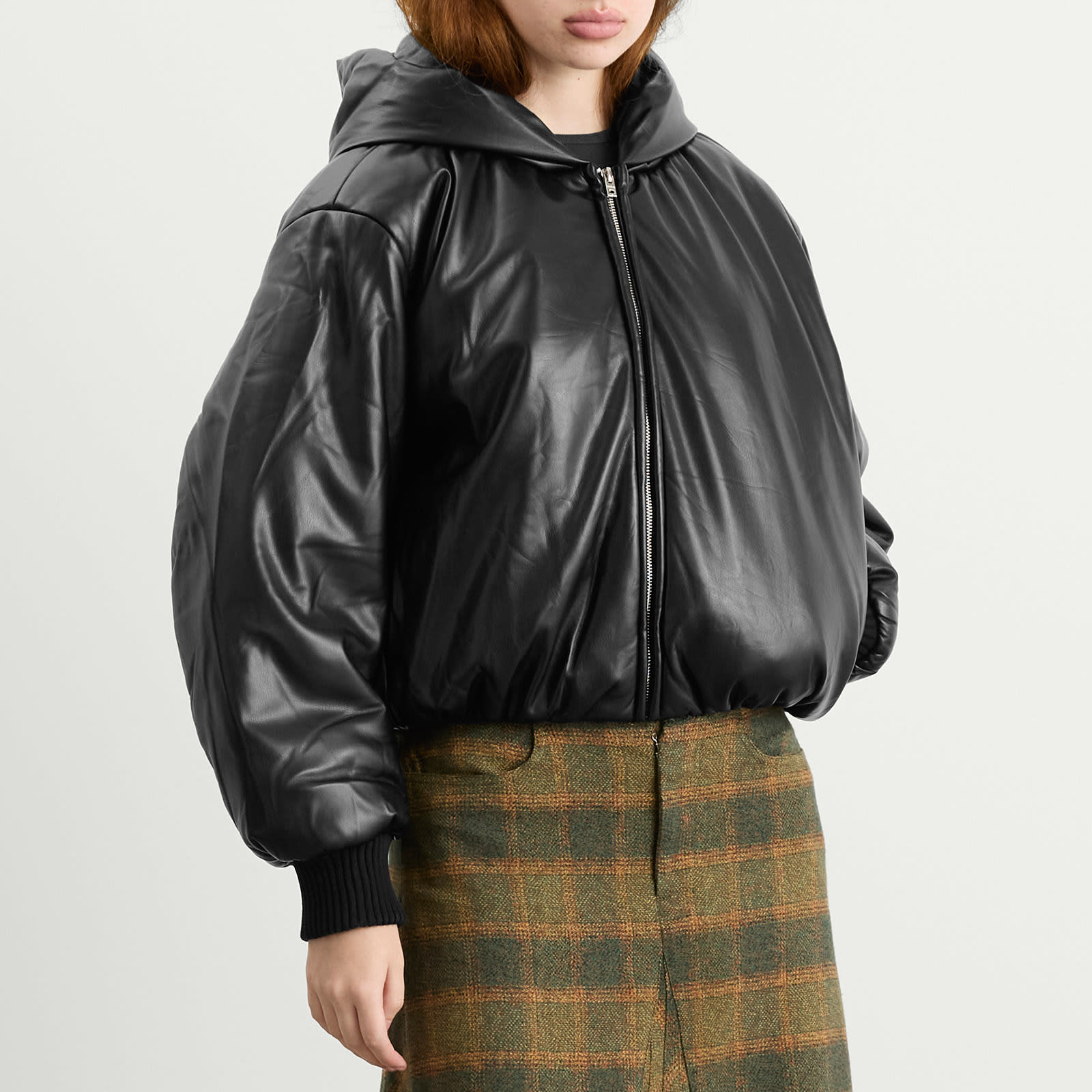 Women's Offy Grainy Faux Leather Hooded Coat Black