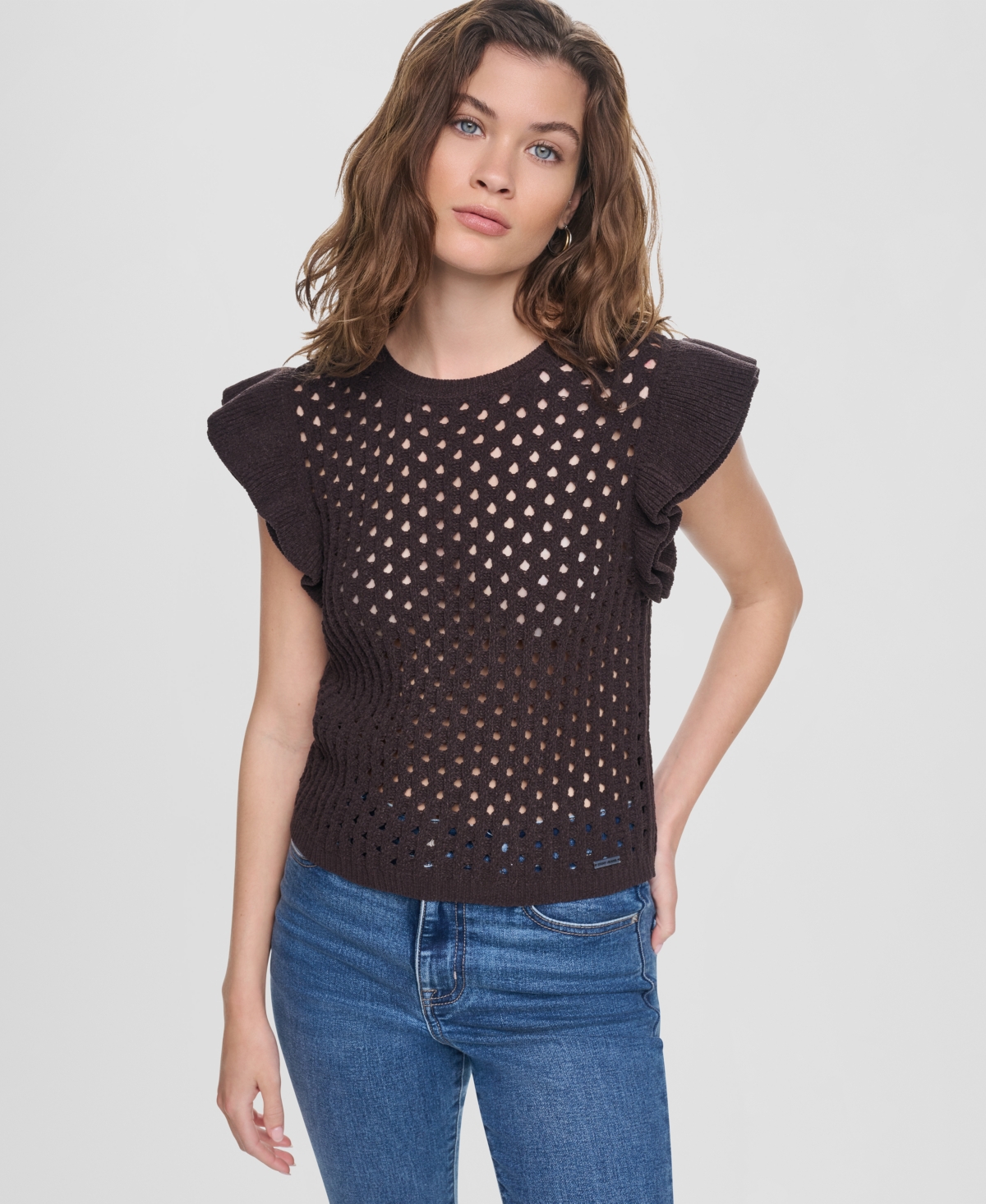 Women's Baby Chenille Pointelle Rib Flutter-Sleeve Sweater - Espresso