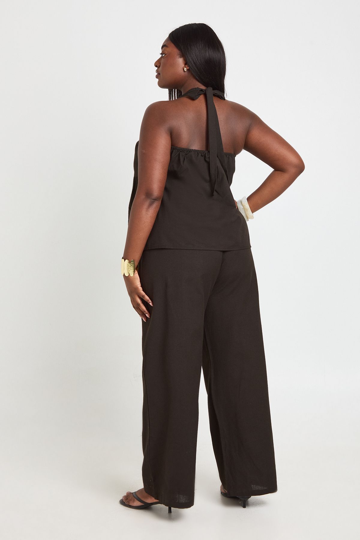 Boohoo Womens Plus Pleated Linen Look Halterneck and Trouser Set - Black Cotton
