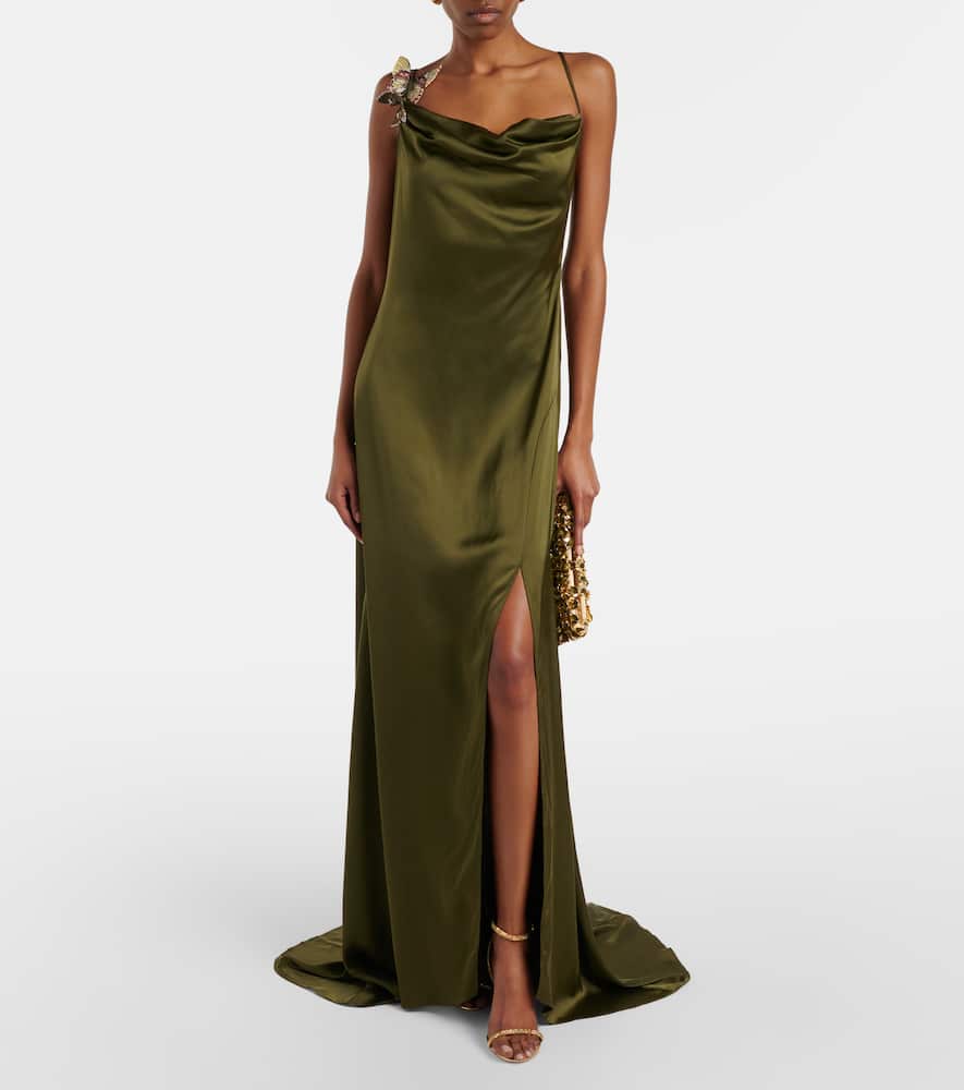 Appliqué satin gown