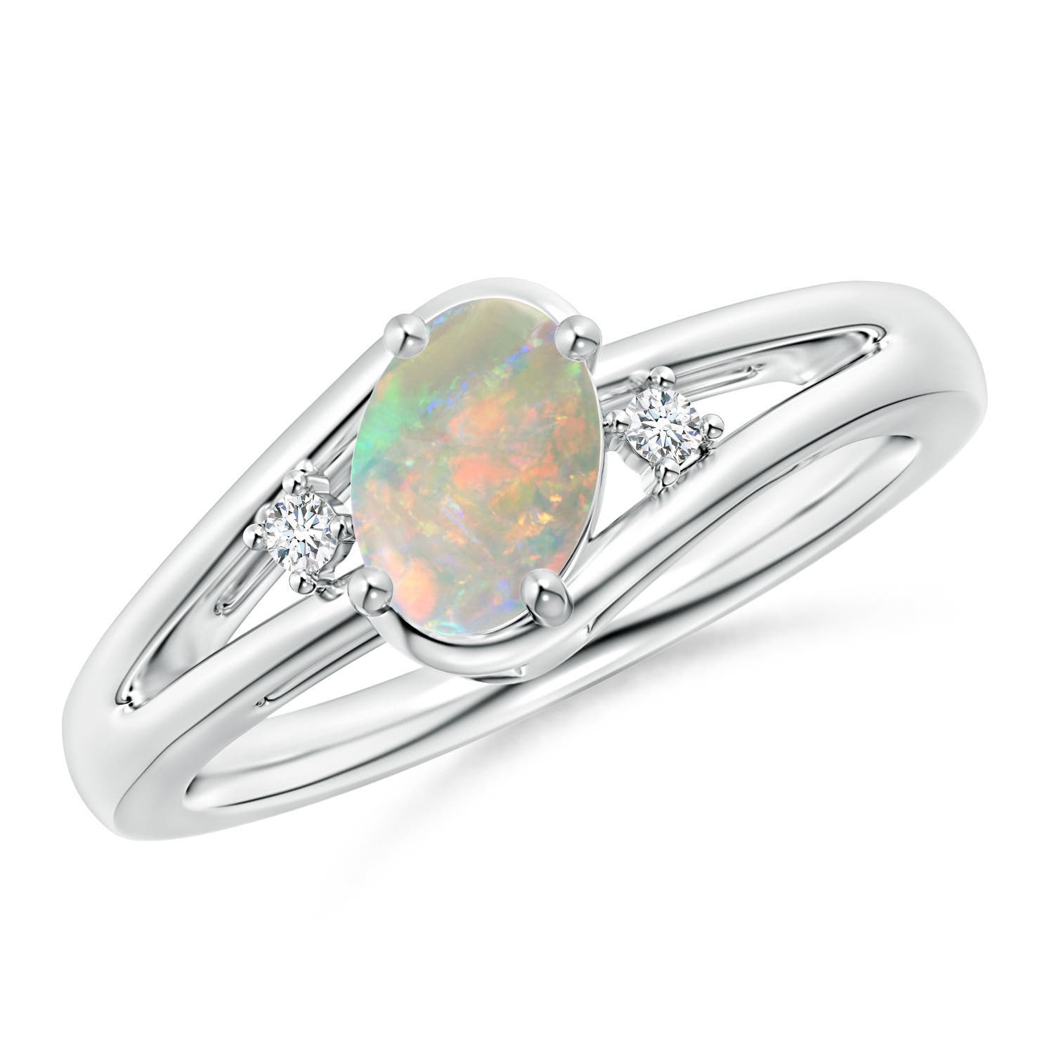 Angara 0.45 Carat Prong-Set Opal and Diamond Split Shank Ring in Platinum