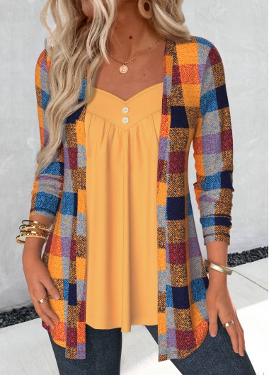 Modlily Ginger Plaid Long Sleeve Fake Two Piece Twinset