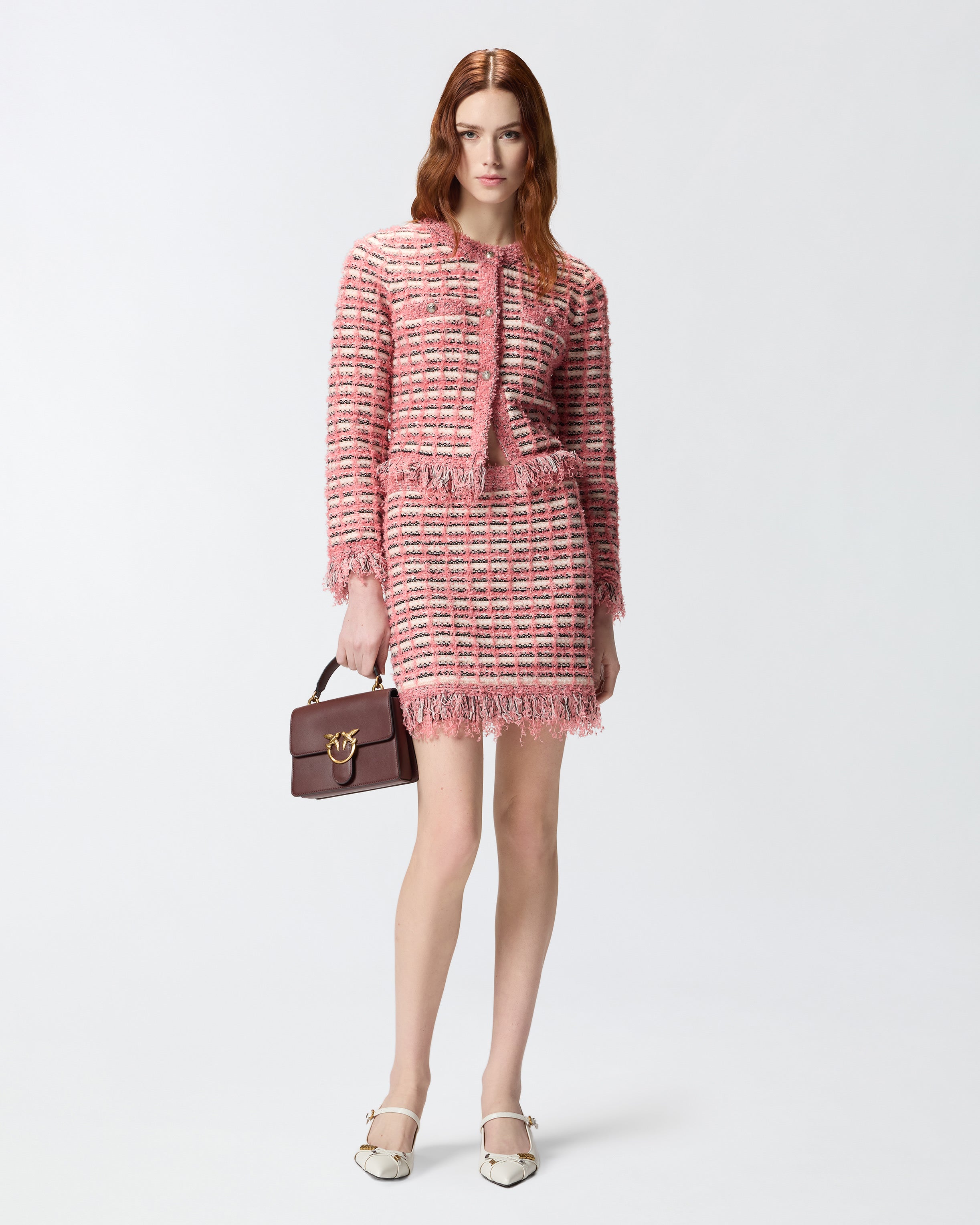 Mini skirt in basketweave and frayed knit - L