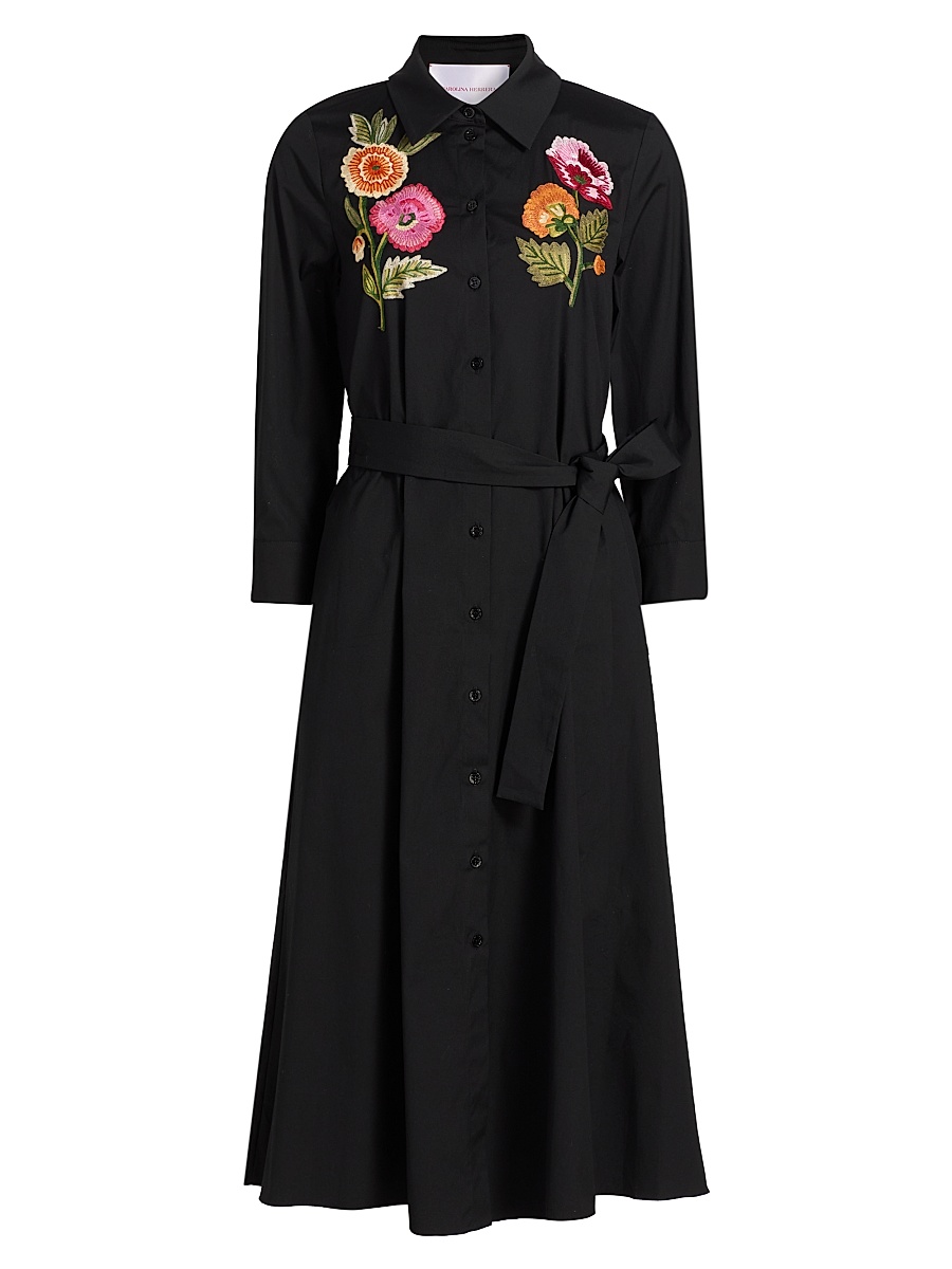 Women's Floral Embroidered Cotton-Blend Shirtdress - Black Multi