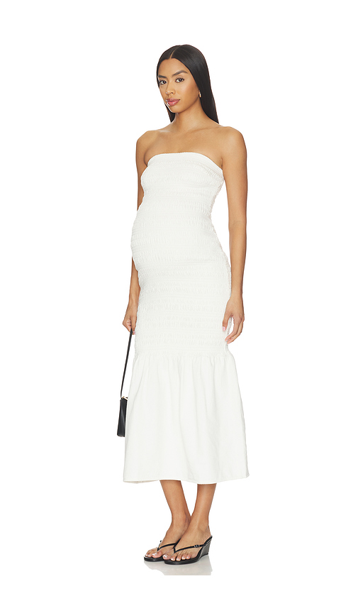 BUMPSUIT Denim Smocked Dress in White. XS. Also in S, M
