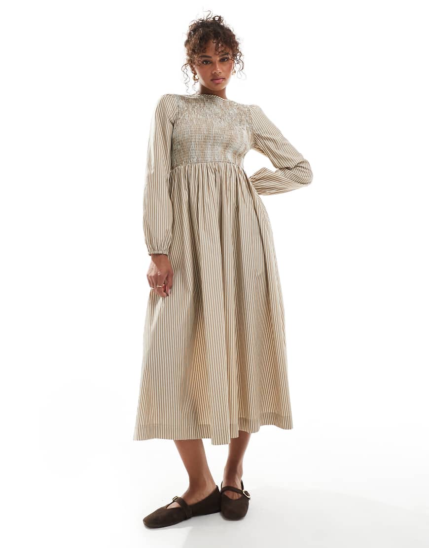 Shirred bodice long sleeve midaxi dress in natural stripe-Neutral