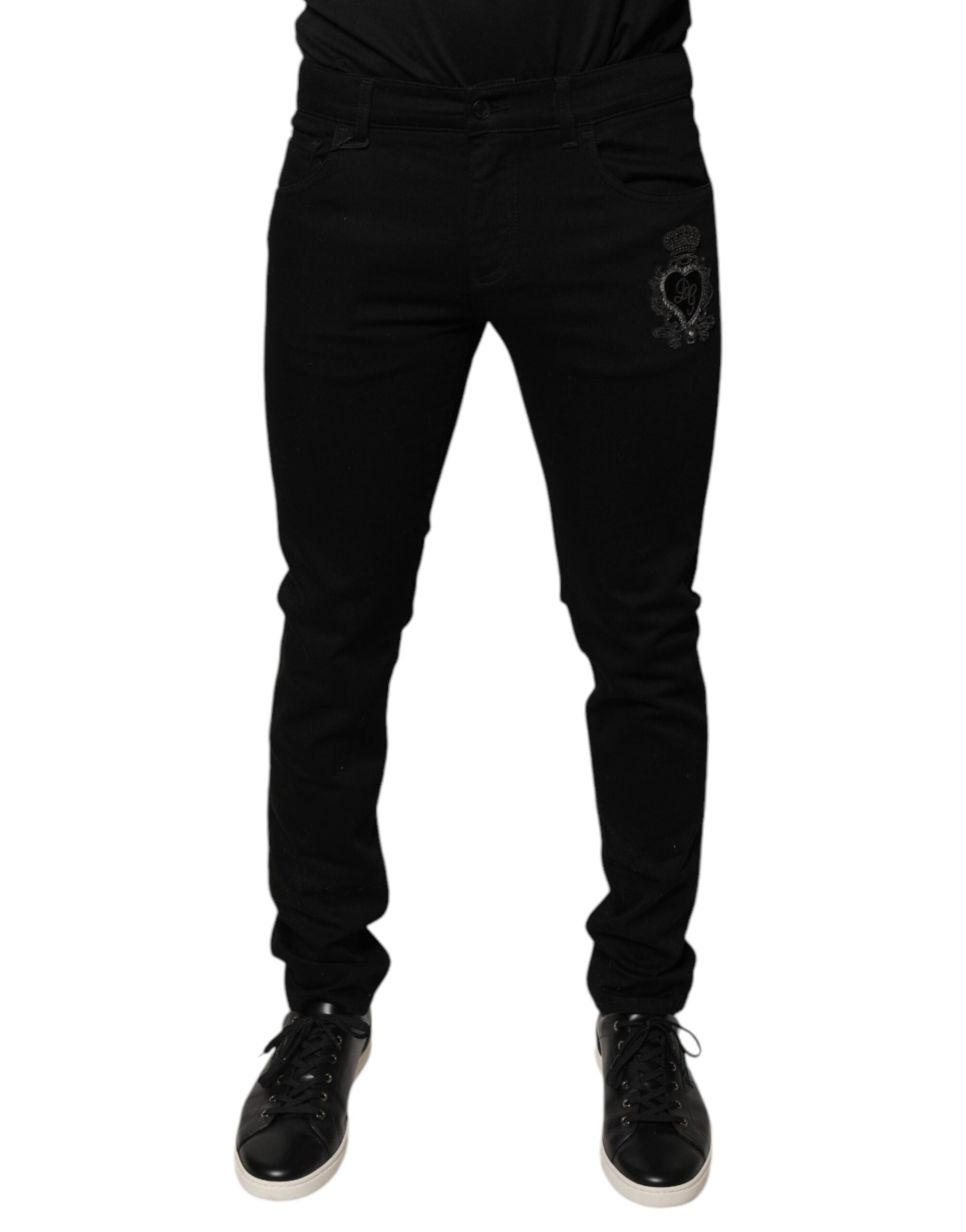 Logo-Embroidered Skinny Denim Jeans — Black