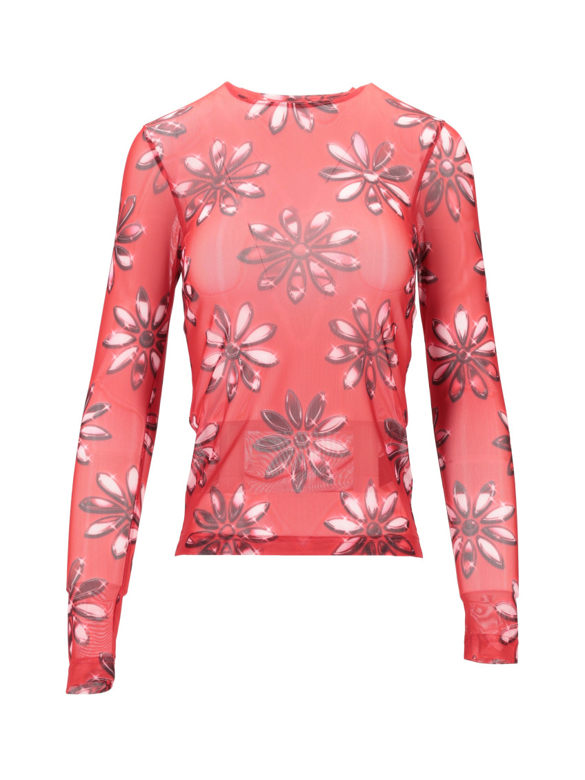 Red Crew Neck Floral T-Shirt