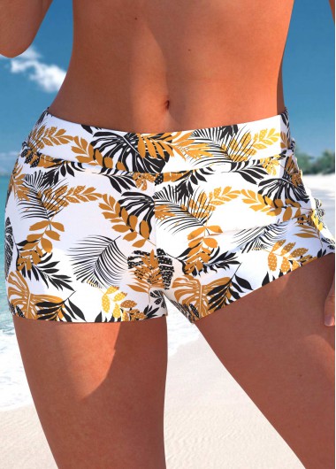 Modlily High Waisted Leaf Print White Swim Short
