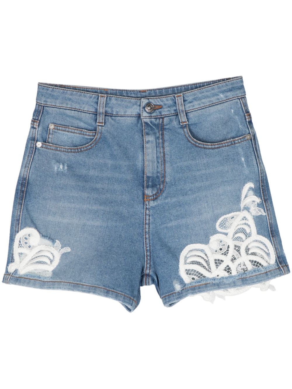Lace-panelling denim mini shorts - Blue