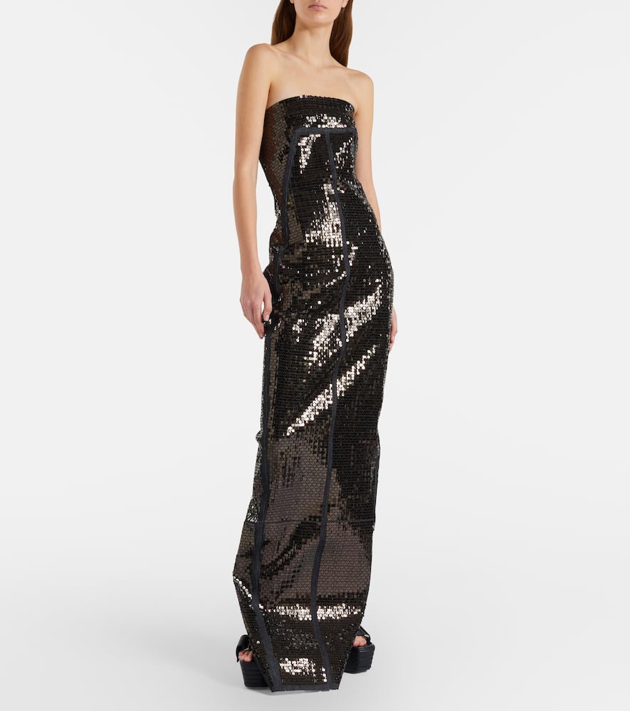 Sequined denim bustier gown