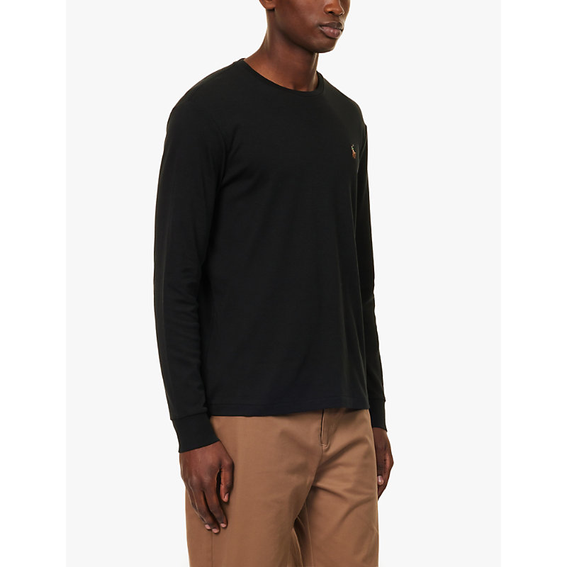 Mens Black Logo-embroidered Long-sleeved Cotton-jersey T-shirt