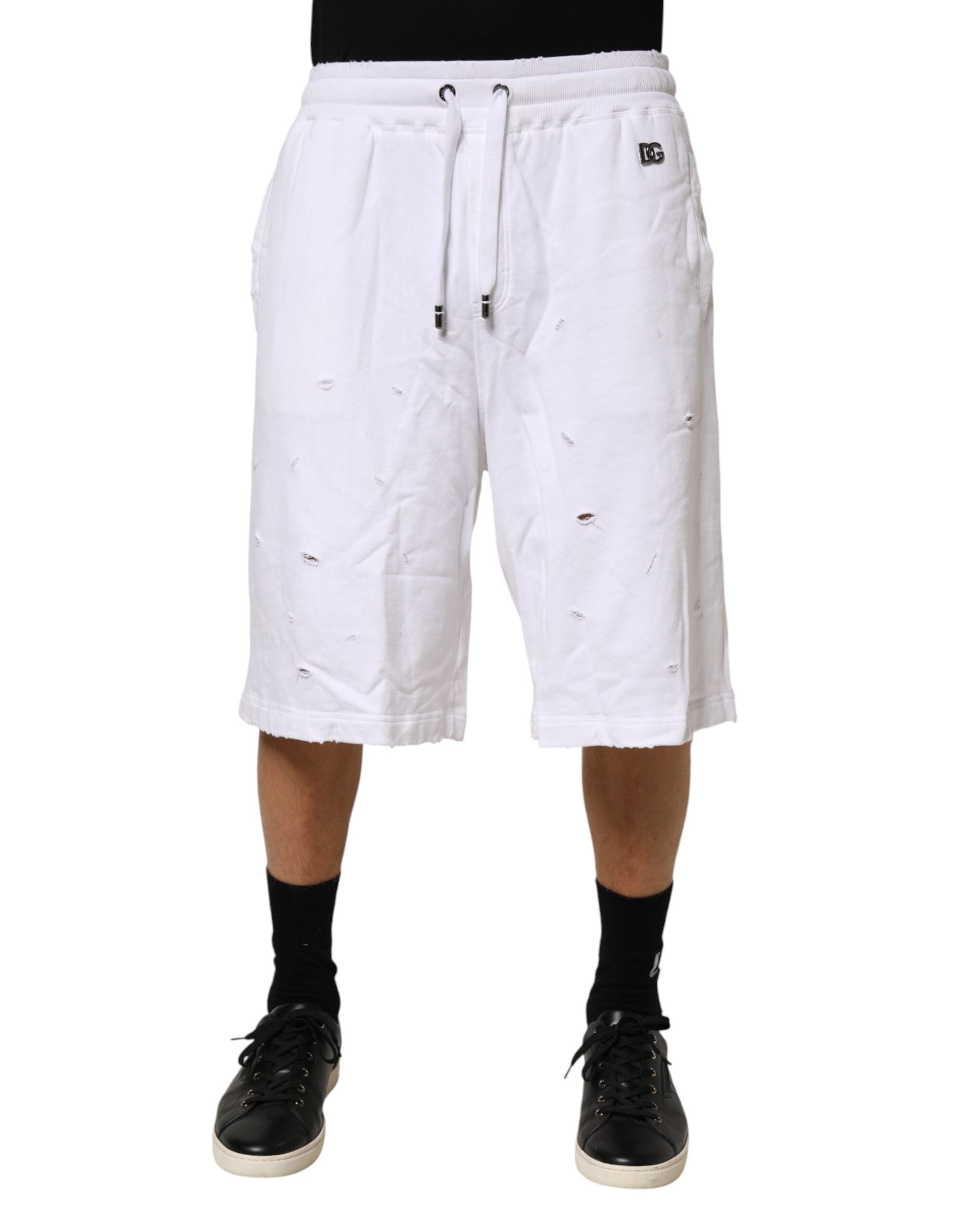 Distressed Cotton Bermuda Shorts — White