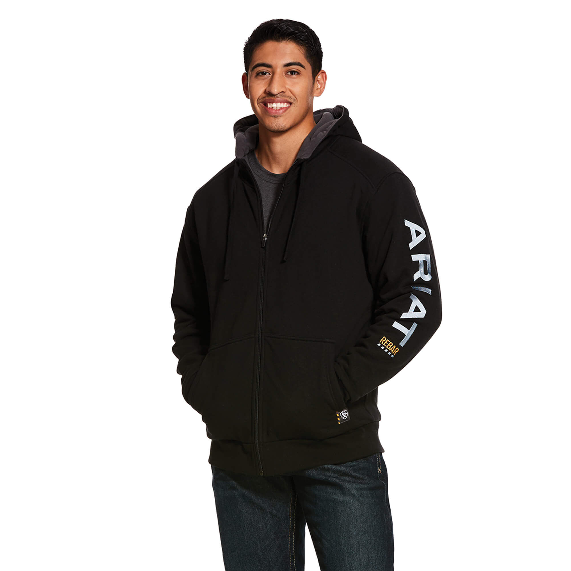 Men's Rebar All-Weather Full Zip Hoodie Long Sleeve Fleece in Black Cotton