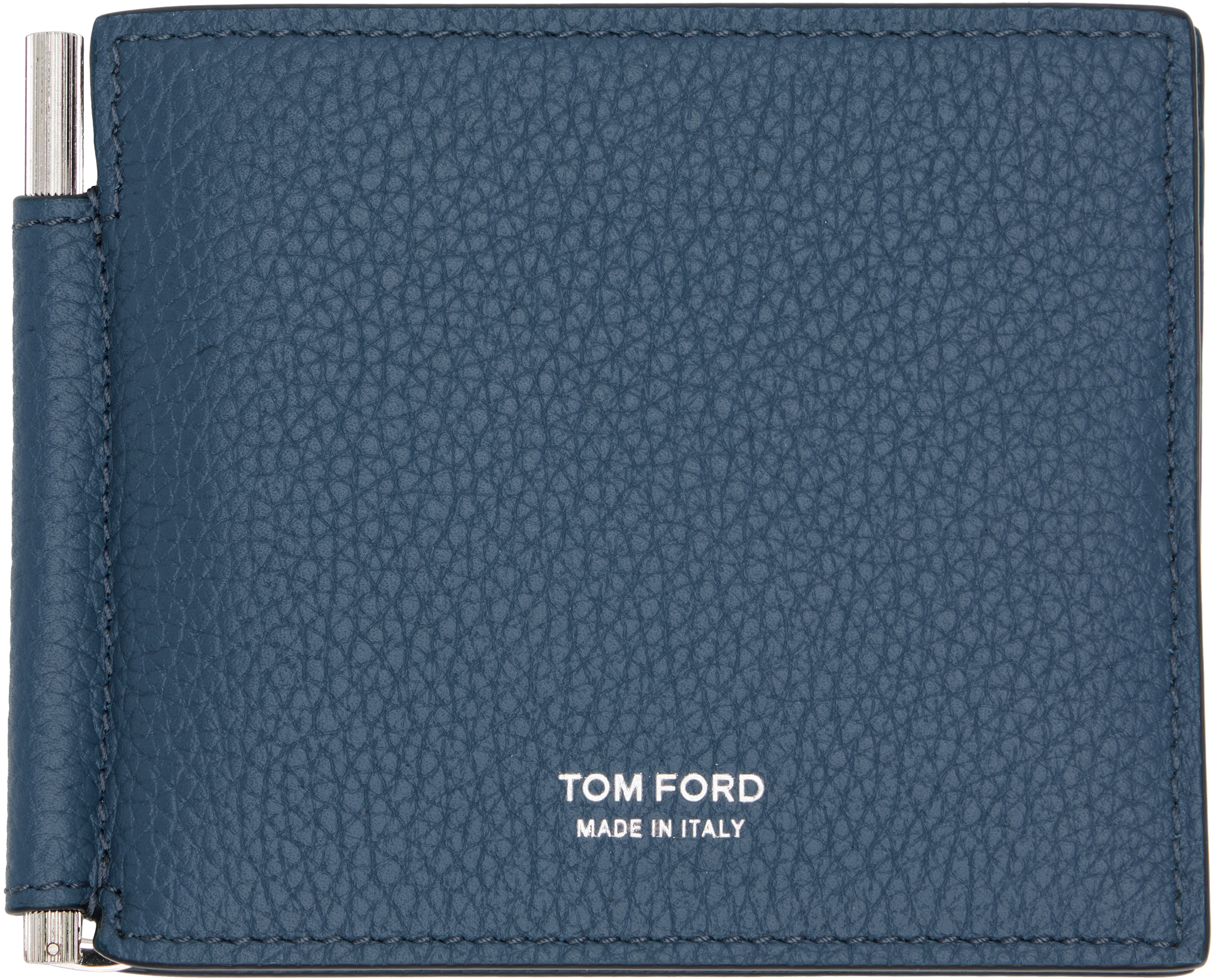 Blue Grain Leather Money Clip Wallet