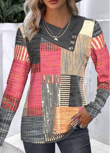 Modlily Multi Color Button Plaid Long Sleeve Asymmetrical Neck Sweatshirt