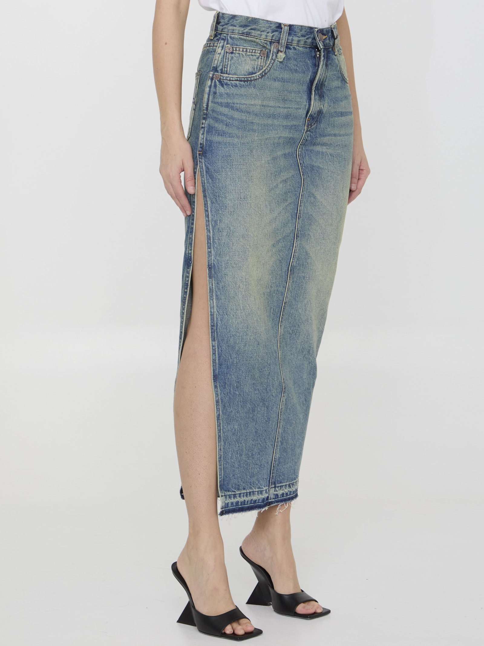 Side-slit denim midi skirt - Blue