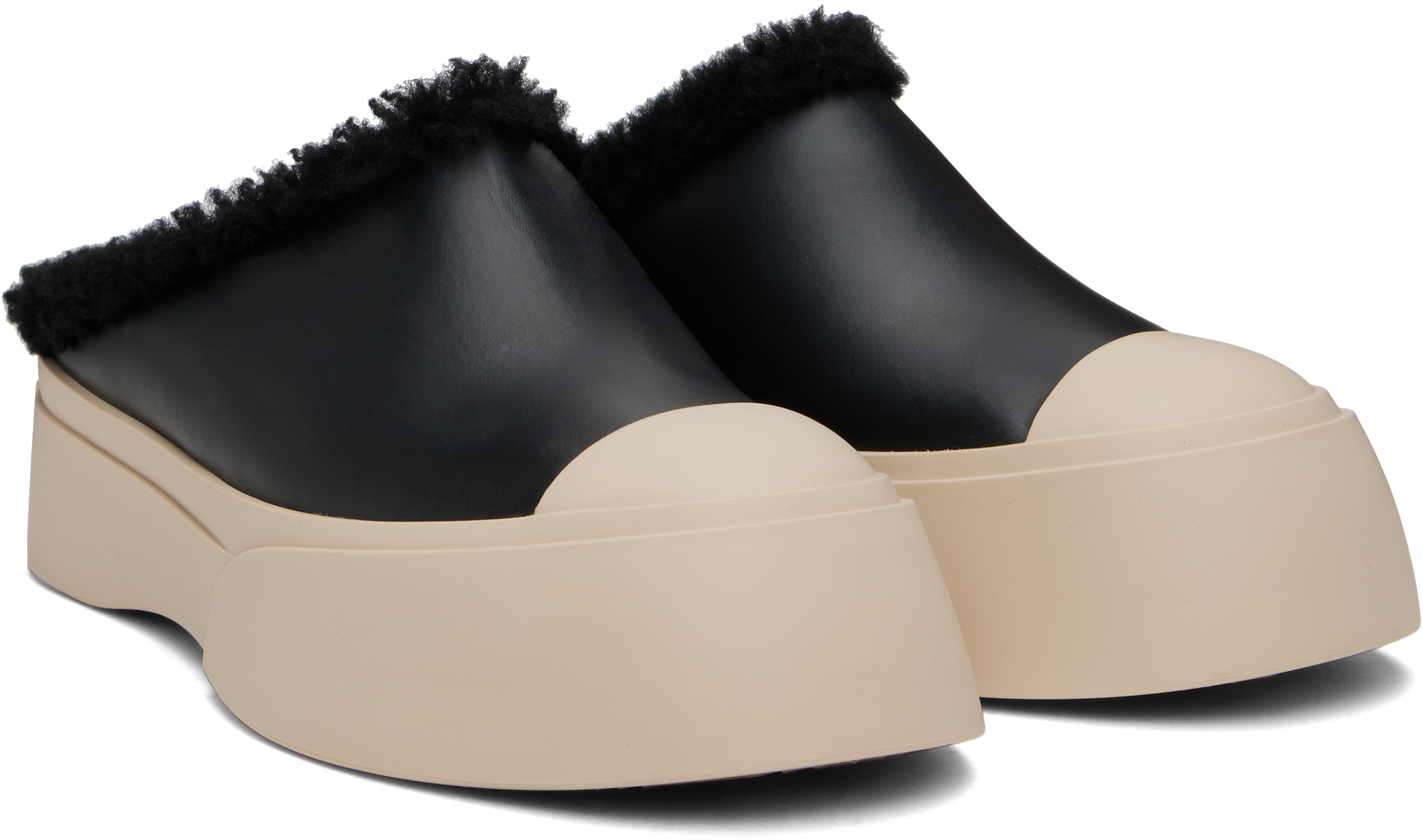 Marni Black Leather & Shearling Sabot Slippers