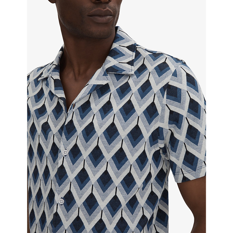 Mens Navy Multi Beech Diamond-jacquard Slim-fit Stretch-cotton Shirt S