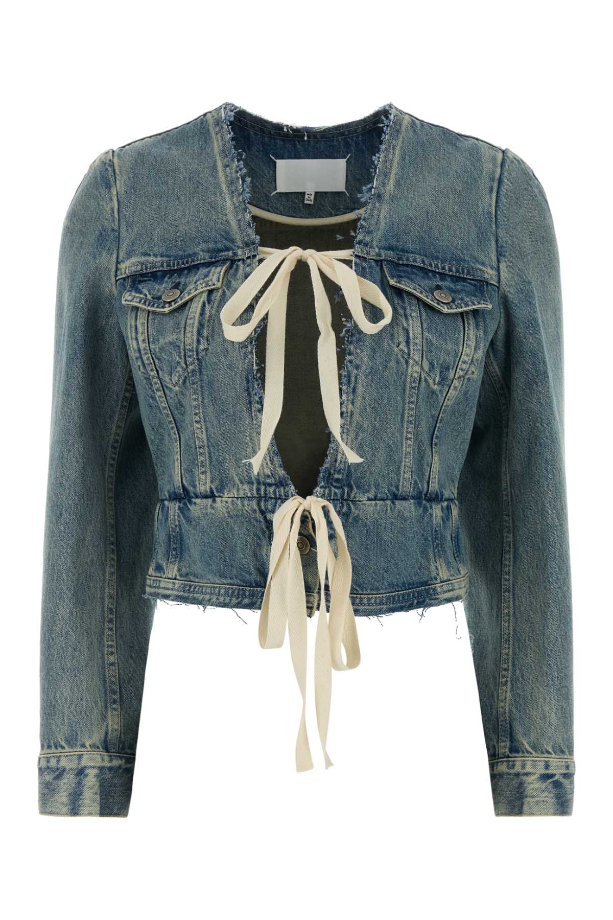 Ribbon-Tie Cropped Cotton Jacket — Blue