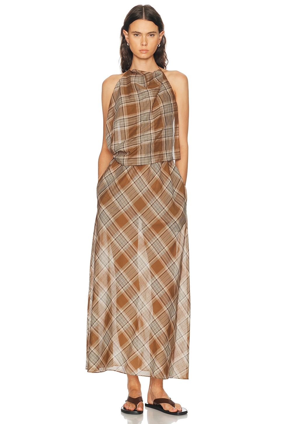 Matteau Layered Halter Dress in Picnic Plaid - Brown. 2 also