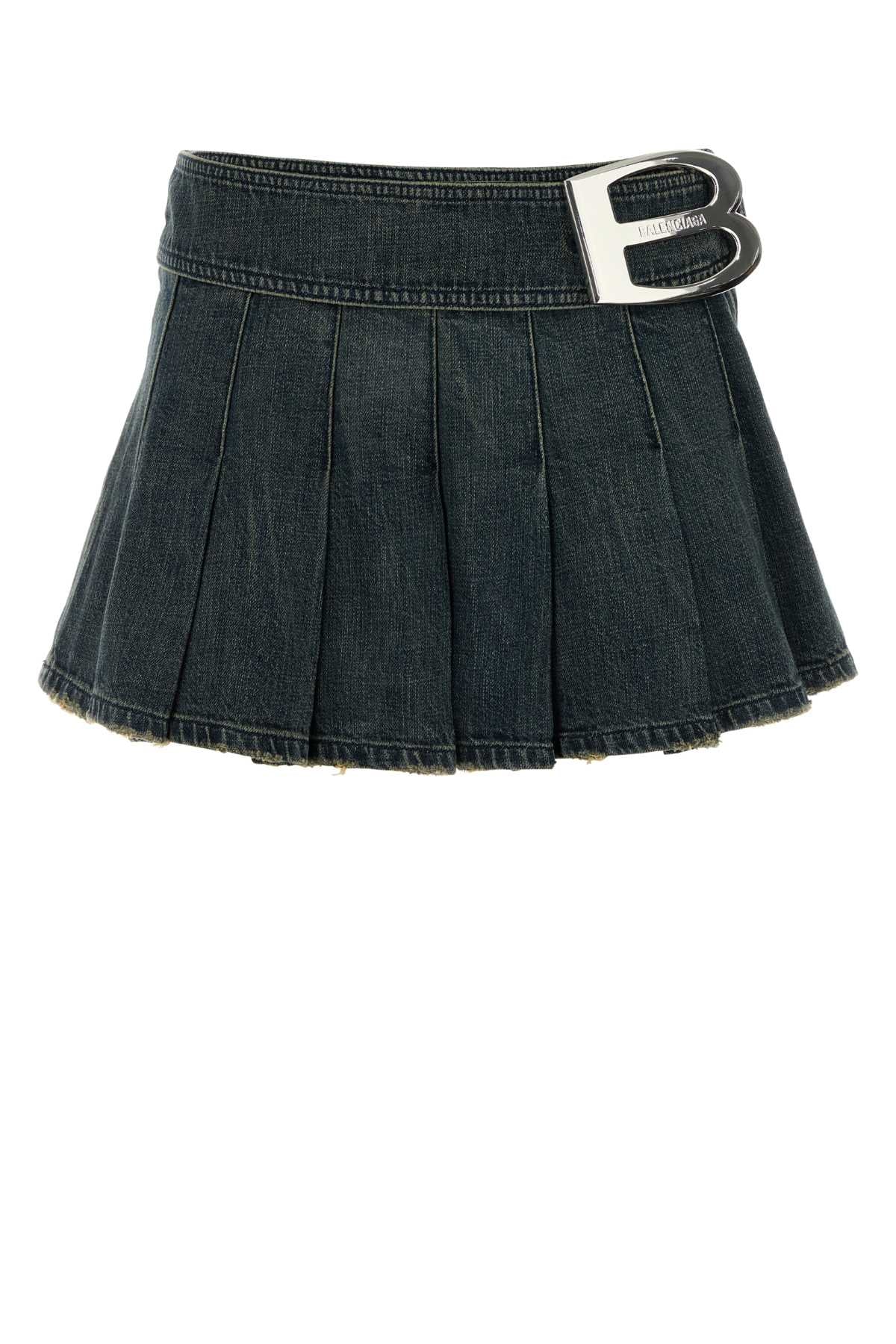Pleated Denim Skirt — Navy
