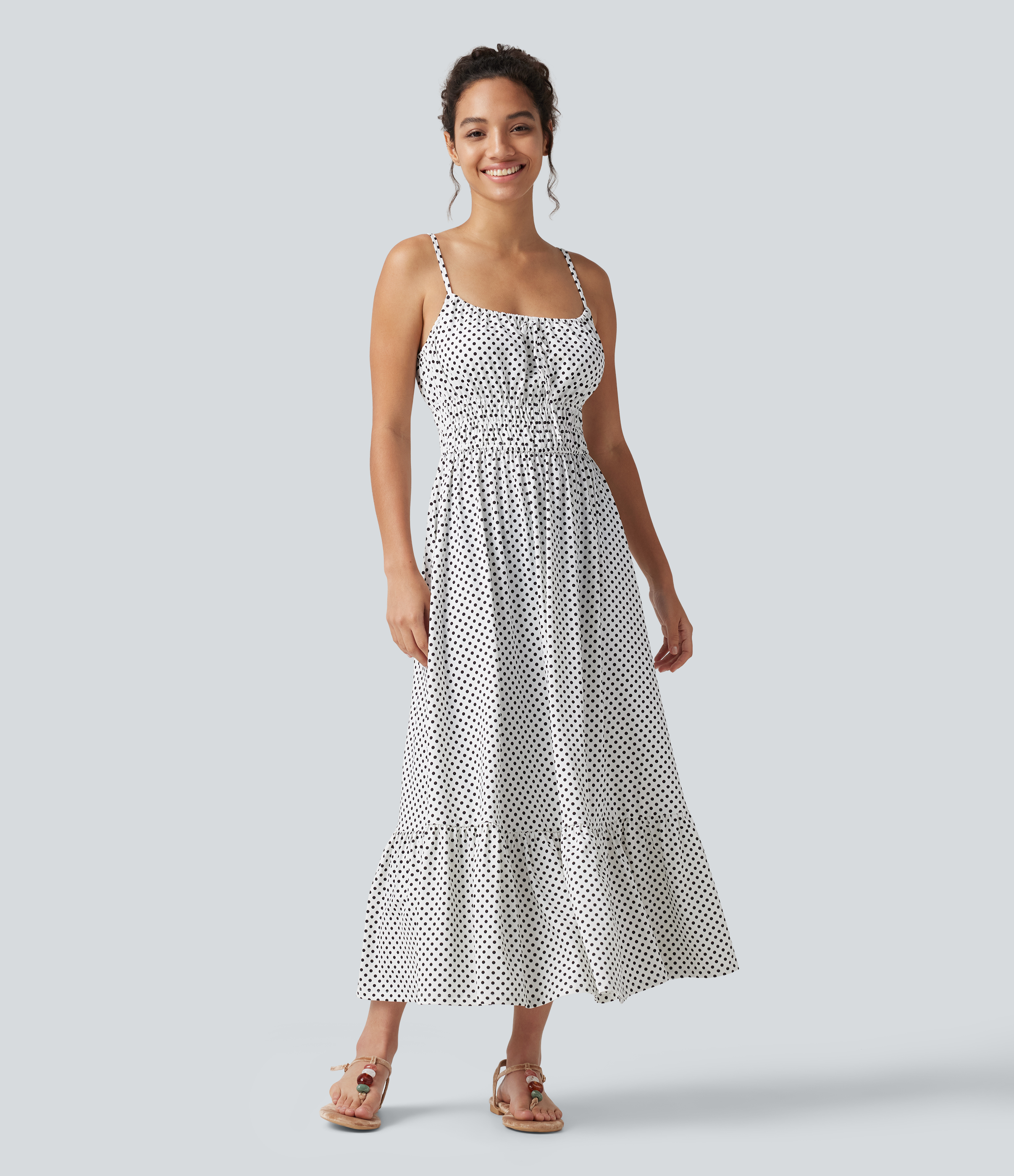 Tie Front Polka Dot Flowy Midi Casual Slip Dress Casual Dress - Snow Dots