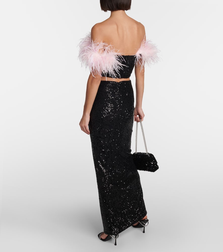 Self-Portrait Feather-trimmed sequined minidress