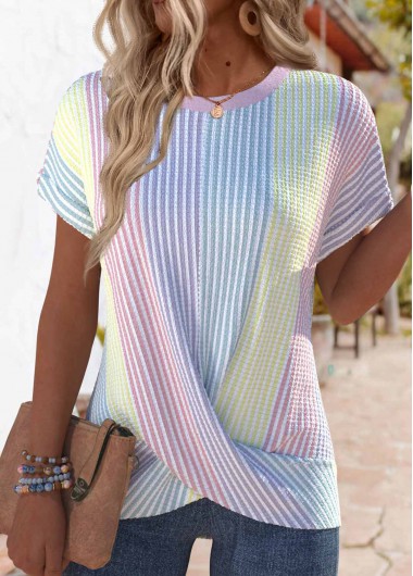 Modlily Multi Color Cross Hem Striped Short Sleeve T Shirt