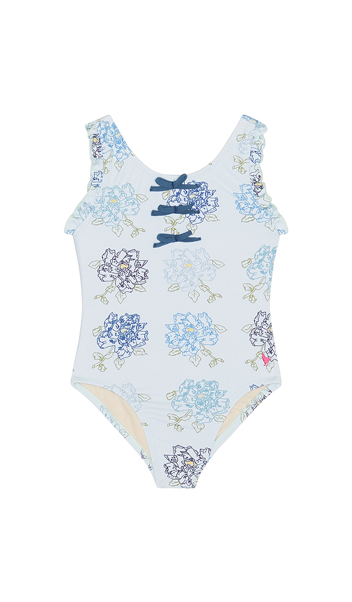 Pink Chicken Girls Sylvie Bow Swimsuit in Blue Quilt Floral. 3 also , 4