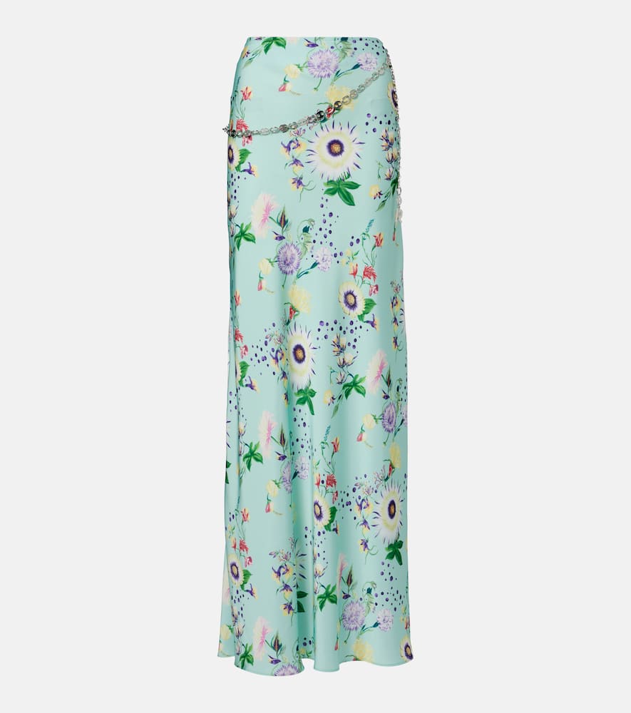 Chain-detail floral satin maxi skirt