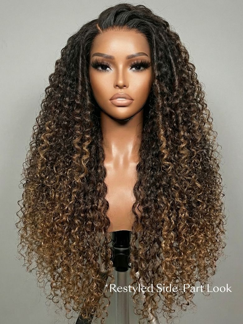 7x5 Bye Bye Slip™ Glueless Lace Dark Brown to Caramel Ombre with Dark Roots Jerry Curly Wig with Spiral Cur