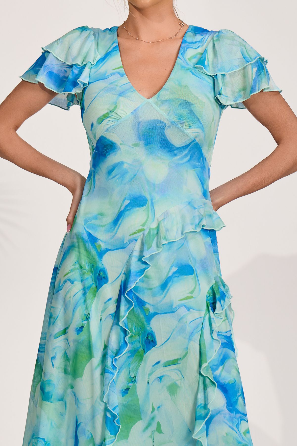 Jolie Moi Women's Cap Sleeve Ruffle Mesh Maxi Dress in Blue