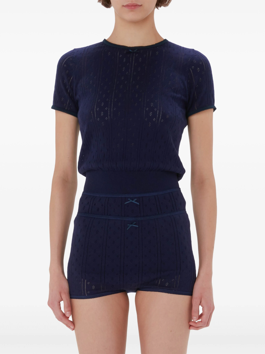 Logo-embroidered pointelle top - Blue