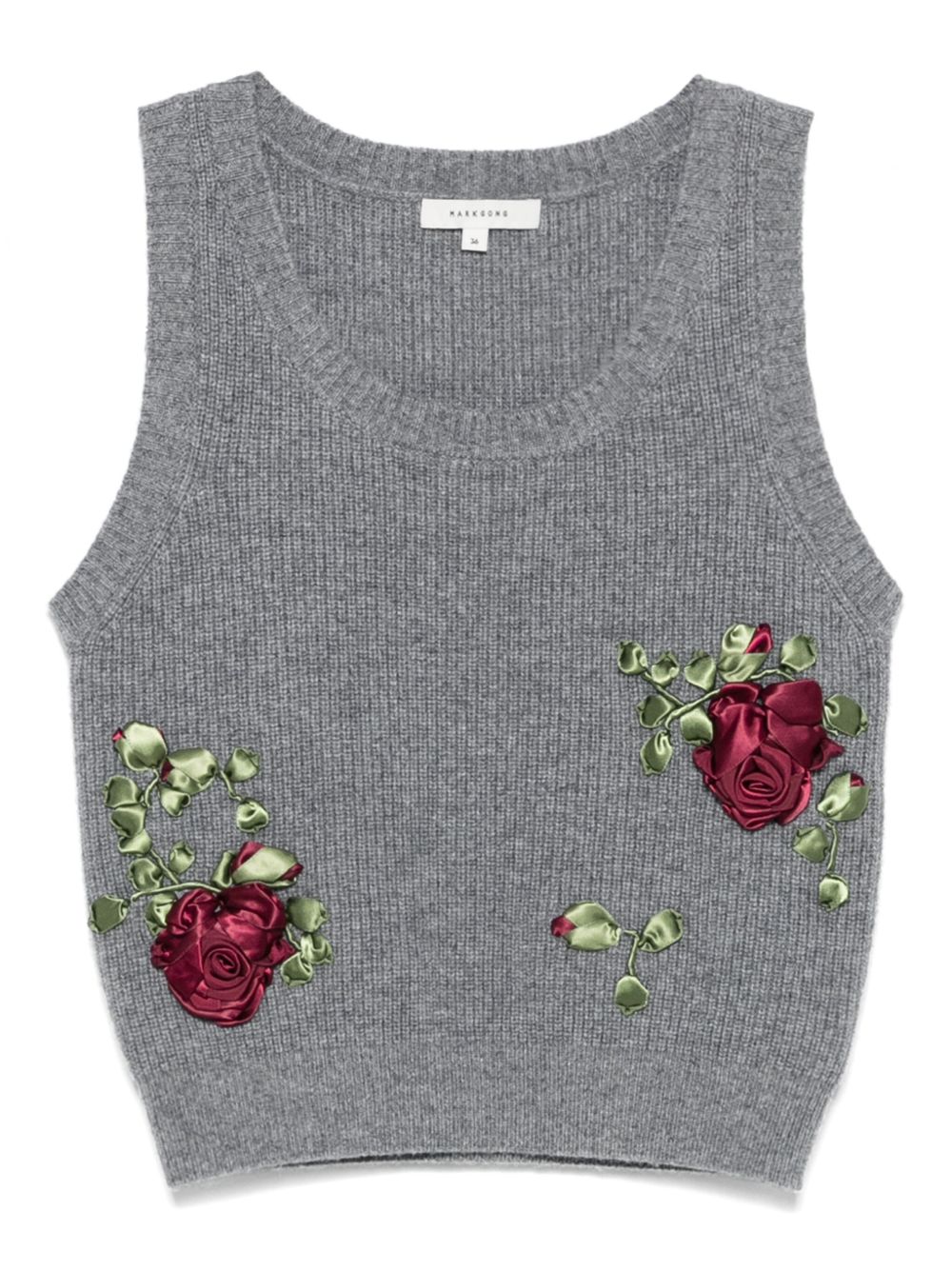 Floral-appliqué ribbed top - Grey