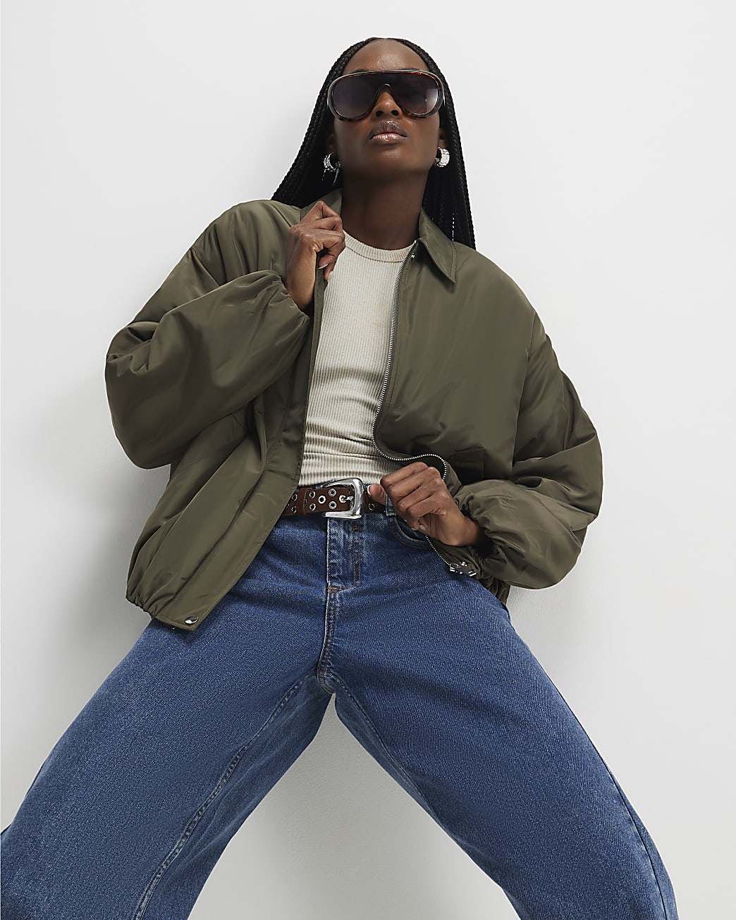 River Island Womens Jacket Khaki Bubble Hem Collared Zip Popper - Mediu