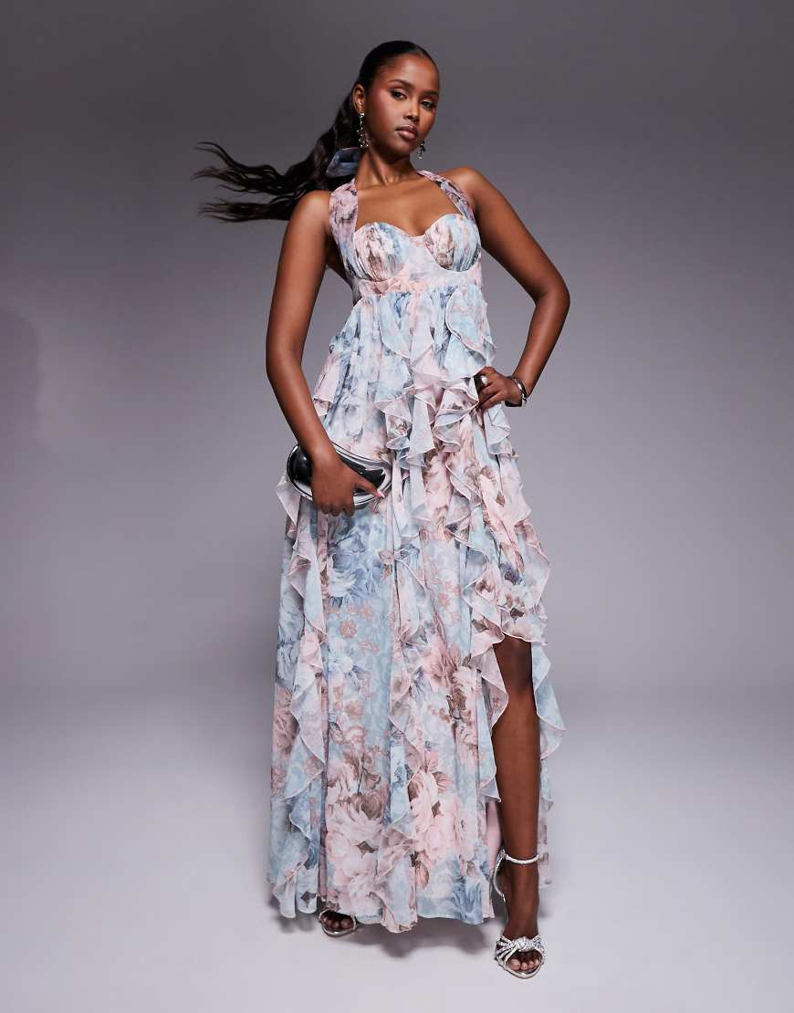 ASOS LUXE halter maxi dress with waterfall ruffles in lace floral print-Green