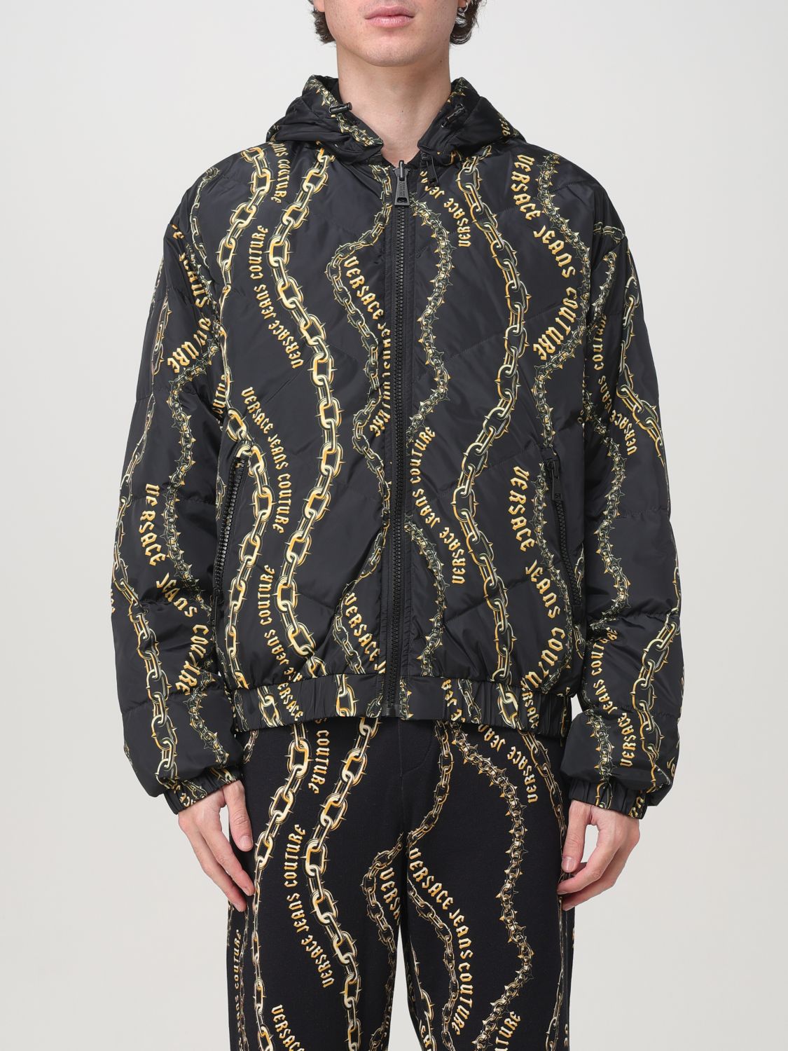 Reversible chain-print hooded jacket - Black