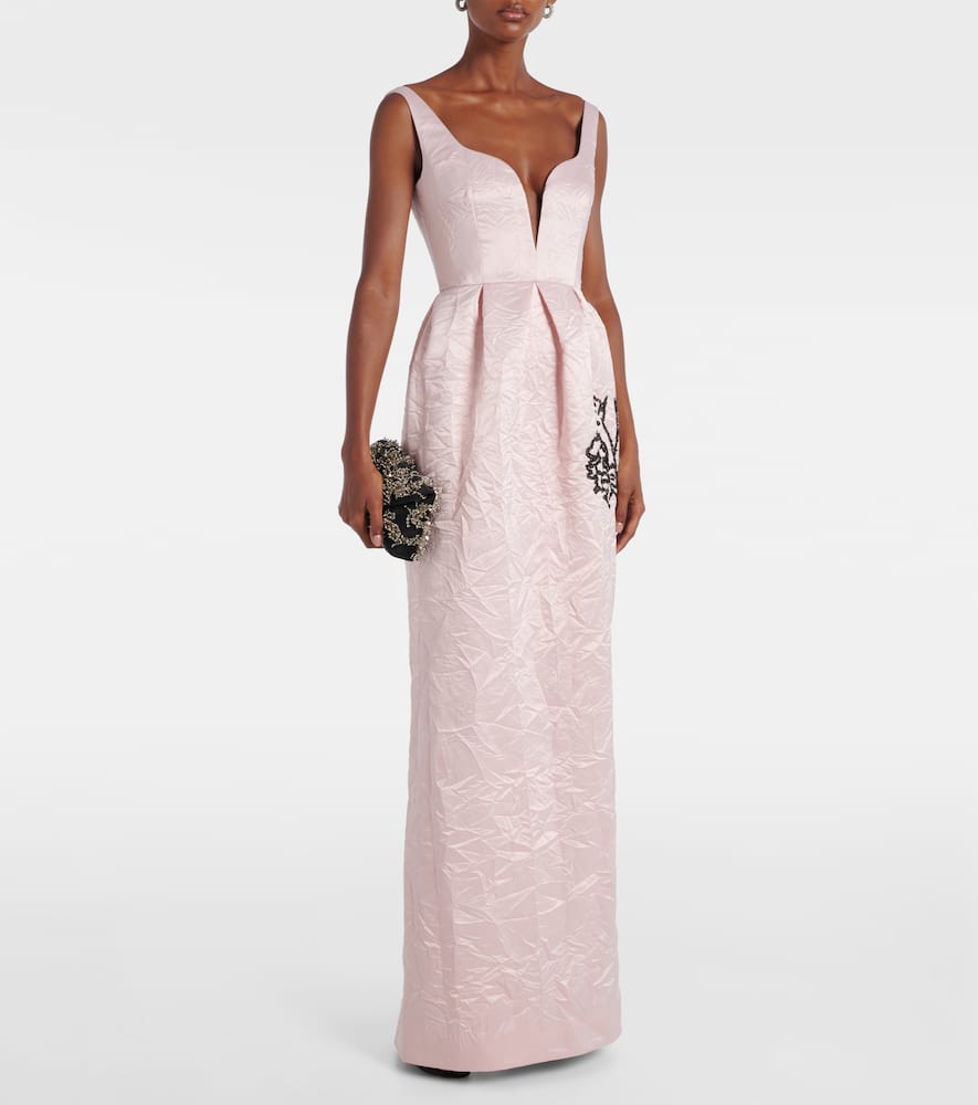 Embroidered satin gown