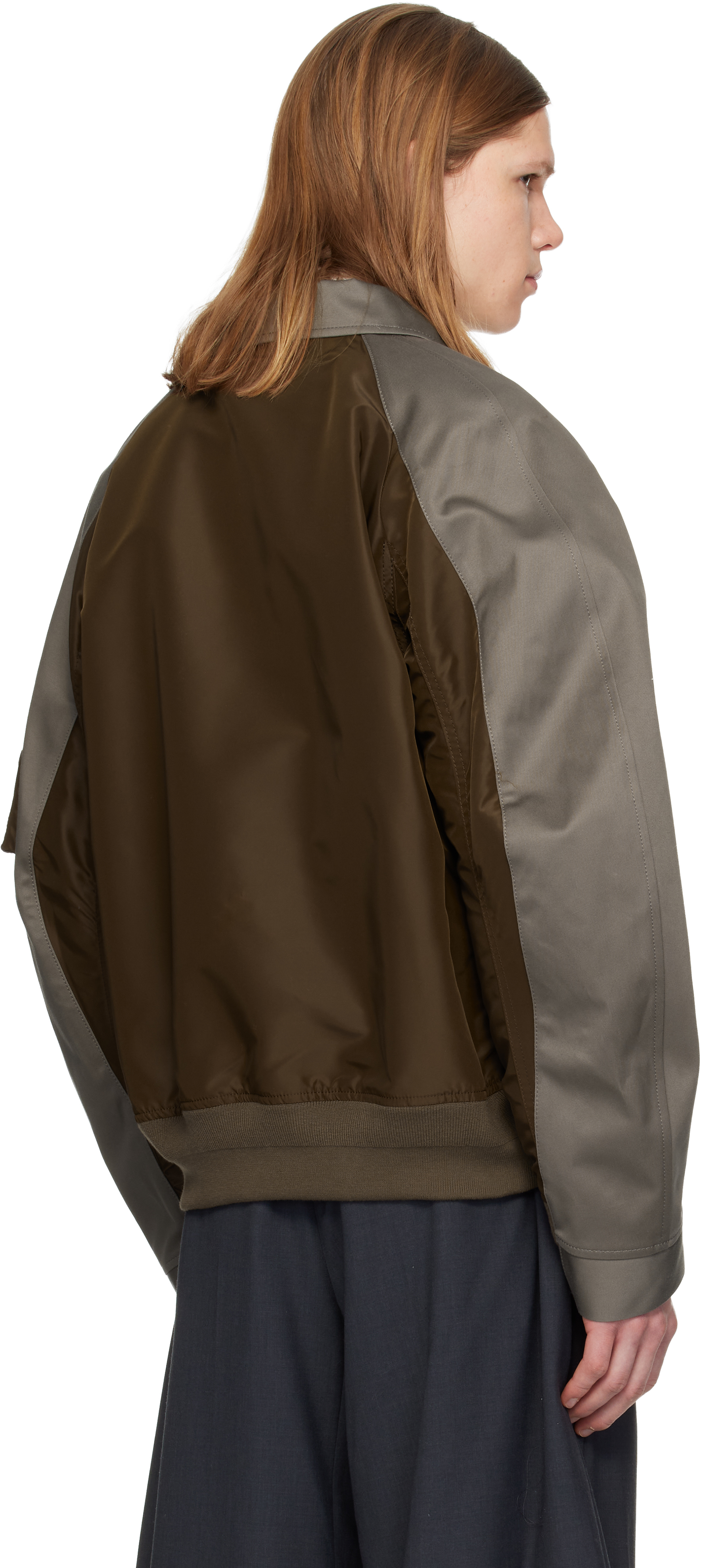 Brown & Gray Cotton Chino & Nylon Twill Bomber Jacket