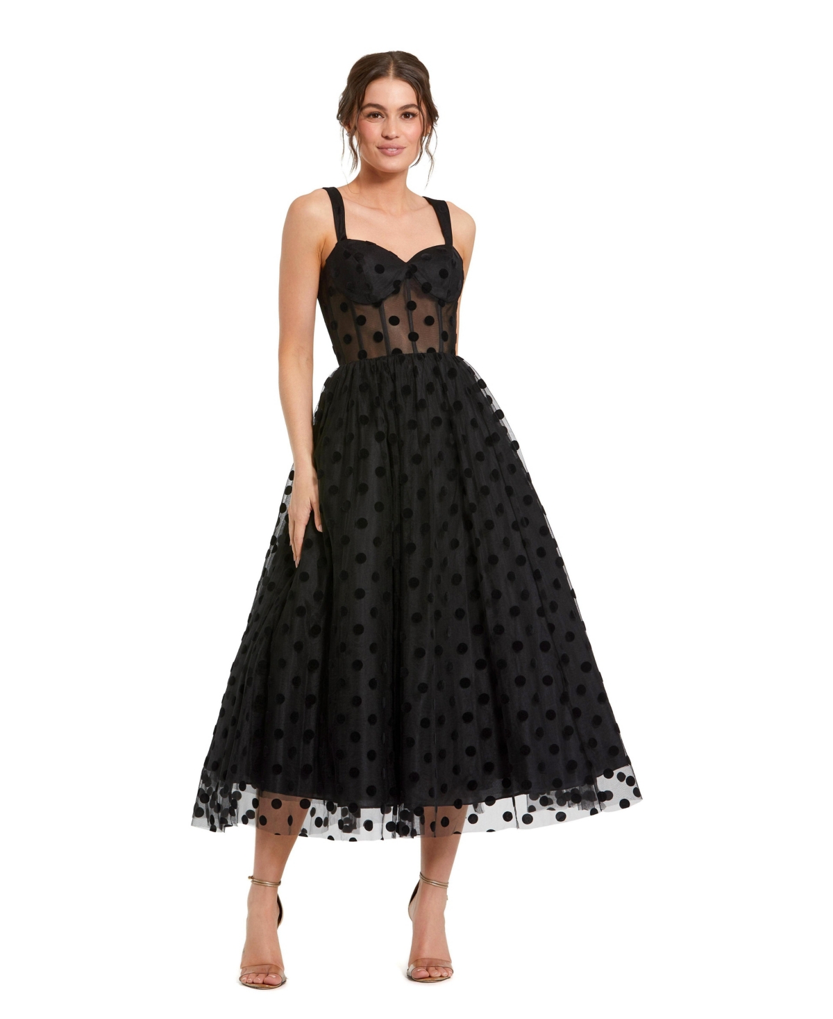 Petite Polka Dot Net Bustier A-Line Midi Dress - Black