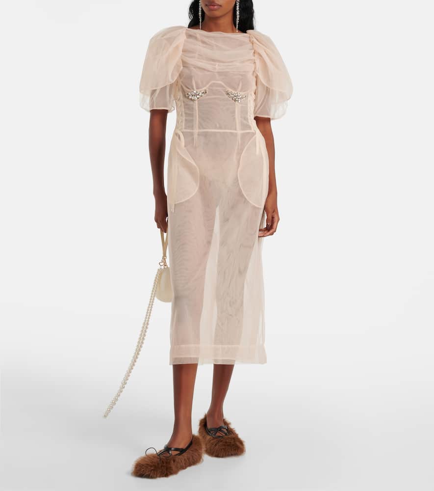 Embellished ruched mesh midi dress